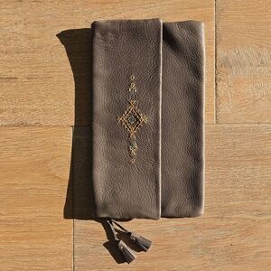 Brown Leather Clutch with Embroidery